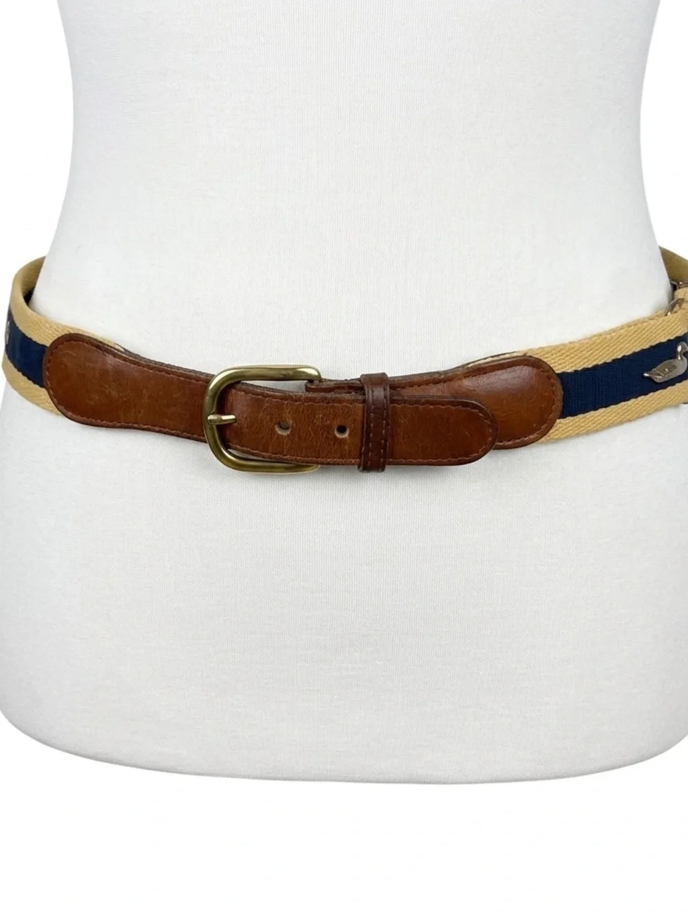 Vintage Pintail‎ Duck Canvas Surcingle Belt Navy Tan Striped Leather Brass Large
